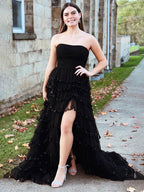 Glitter Black A-Line Strapless Tulle Long Prom Dress with Ruffled