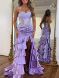 Glamorous Lavender Satin Corset Mermaid Prom Dress with Tiered Ruffles