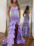 Glamorous Lavender Satin Corset Mermaid Prom Dress with Tiered Ruffles