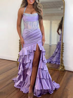 Glamorous Lavender Satin Corset Mermaid Prom Dress with Tiered Ruffles