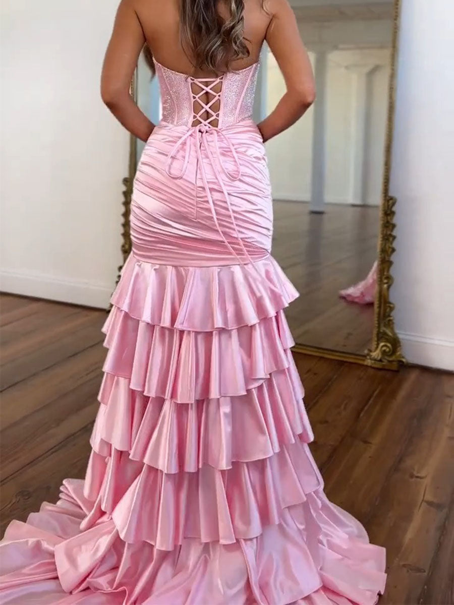 Glamorous Lavender Satin Corset Mermaid Prom Dress with Tiered Ruffles