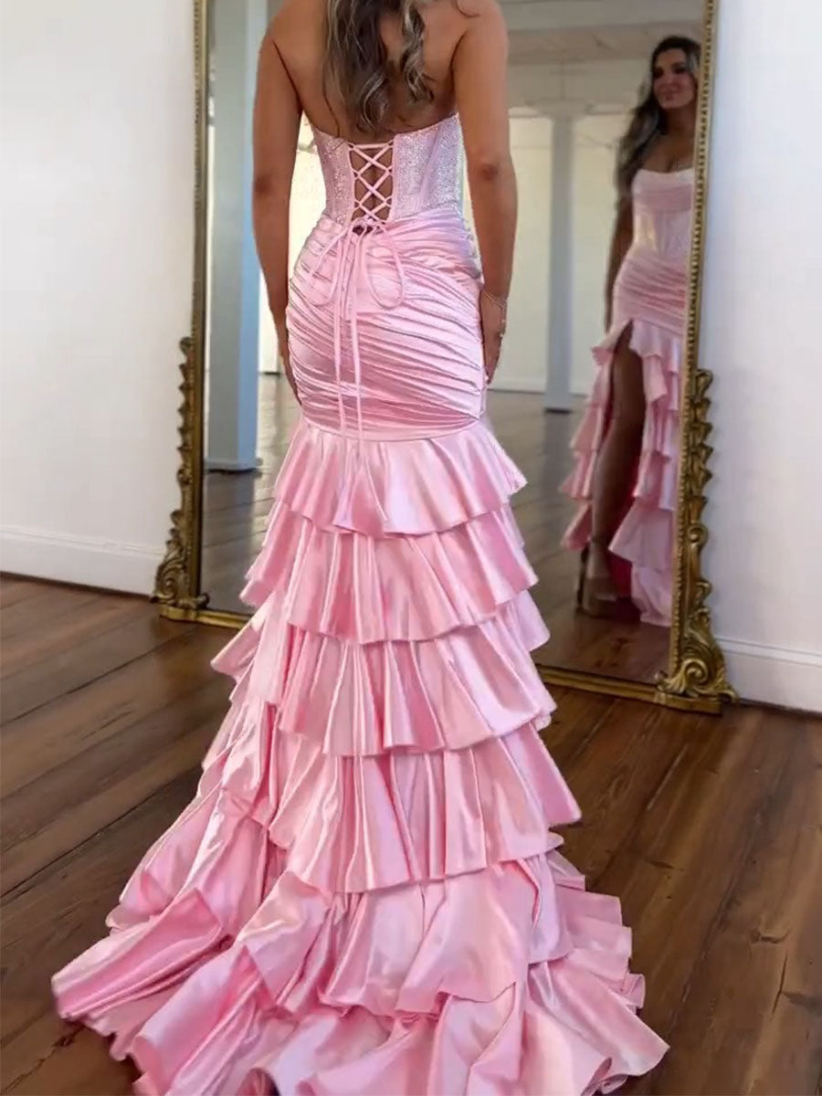 Glamorous Lavender Satin Corset Mermaid Prom Dress with Tiered Ruffles