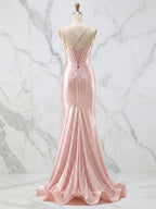 Vestido de graduación con corsé de satén rosa brillante y busto de cristal