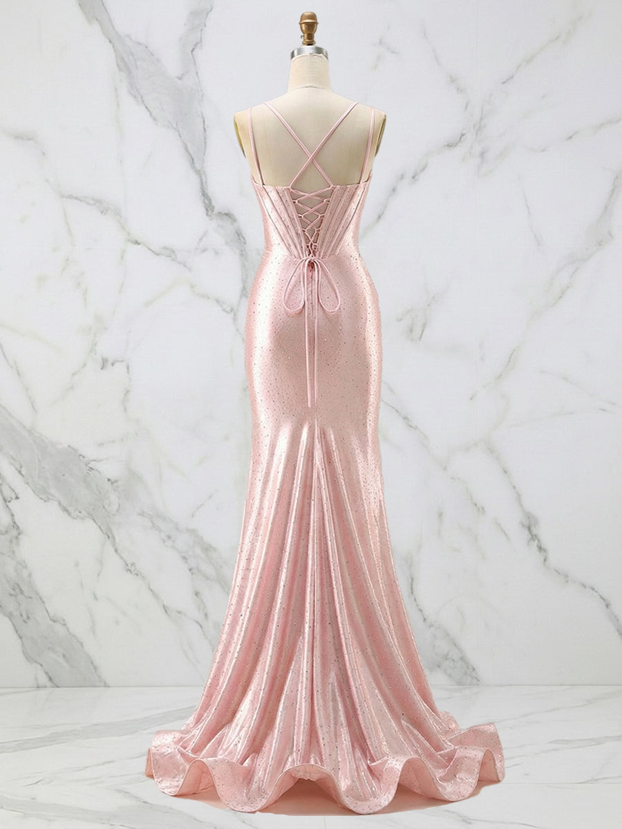 Vestido de graduación con corsé de satén rosa brillante y busto de cristal