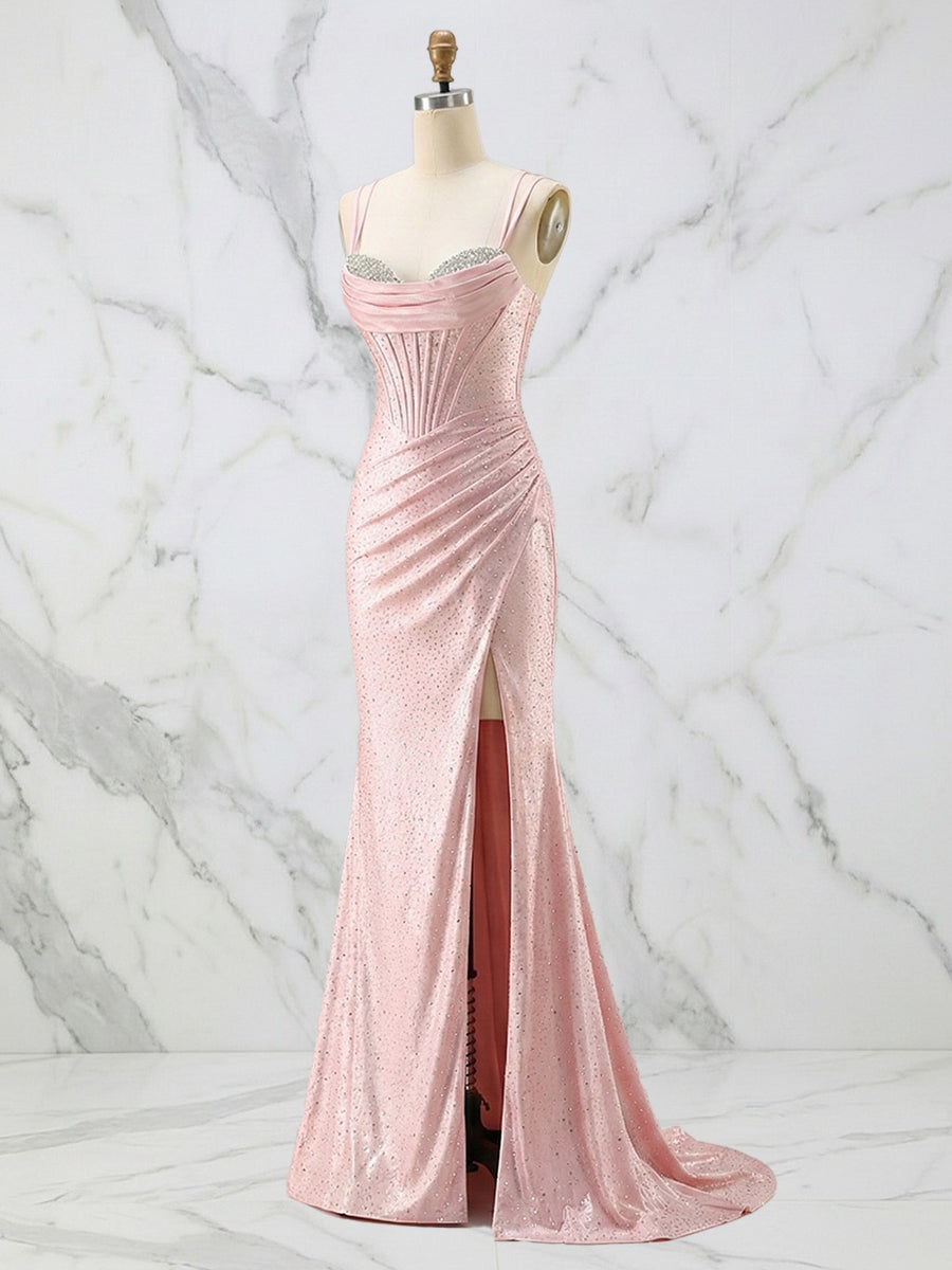 Vestido de graduación con corsé de satén rosa brillante y busto de cristal