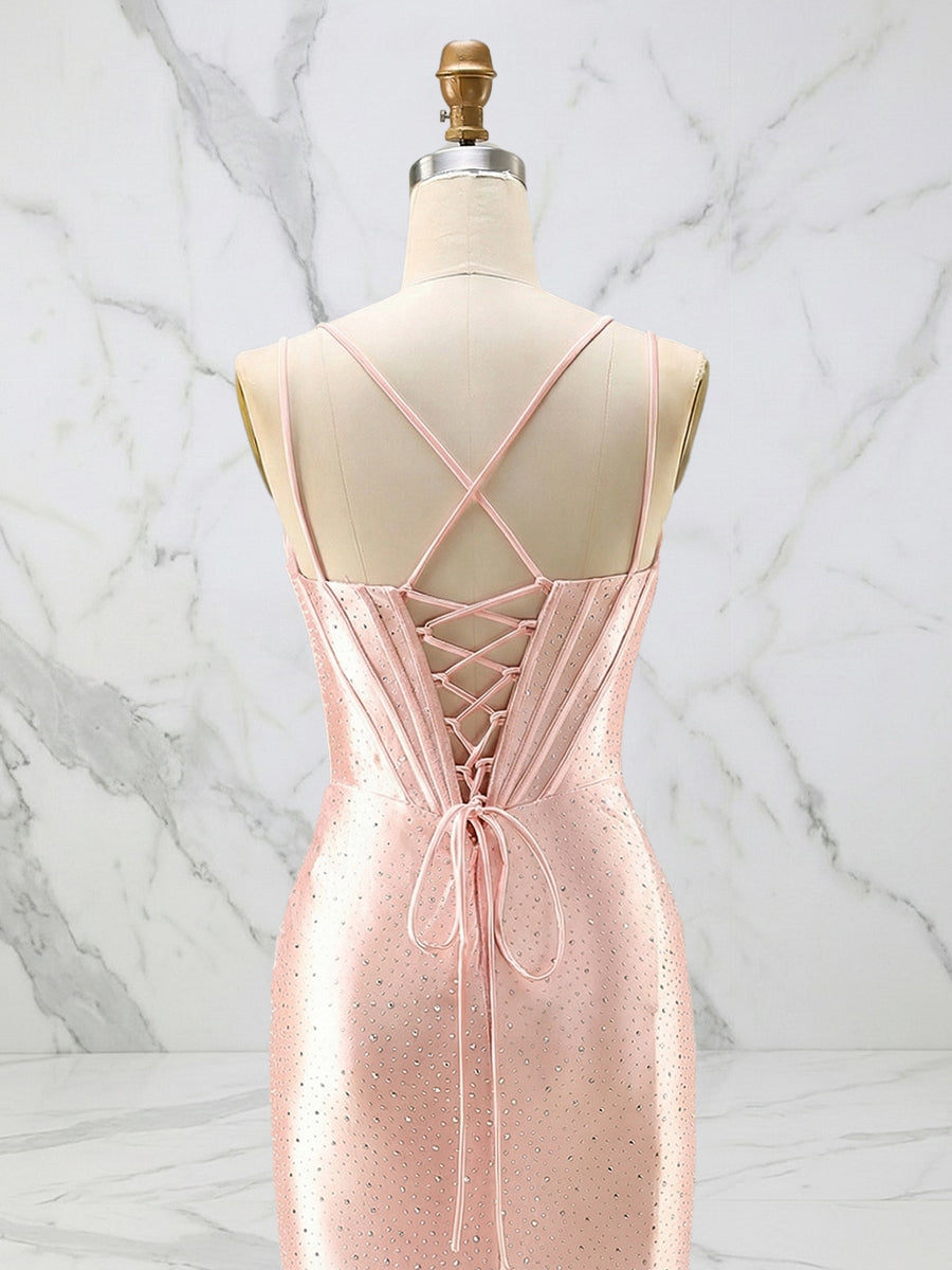 Vestido de graduación con corsé de satén rosa brillante y busto de cristal