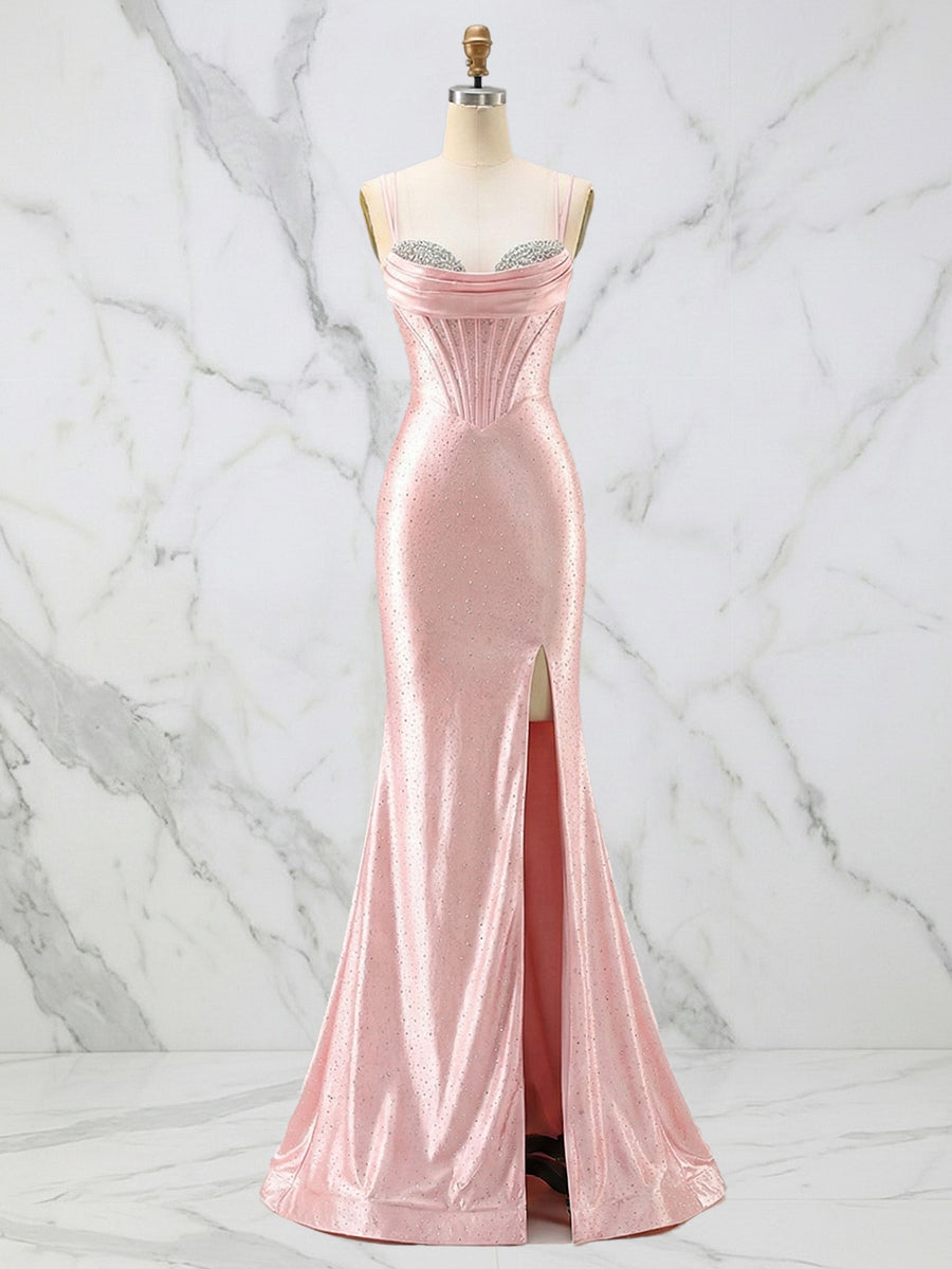 Vestido de graduación con corsé de satén rosa brillante y busto de cristal