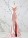 Vestido de graduación con corsé de satén rosa brillante y busto de cristal