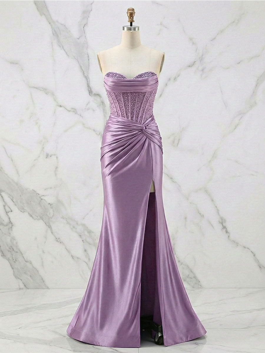 Glamorous Champagne Strapless Crystal Corset Satin Prom Dress with High Slit
