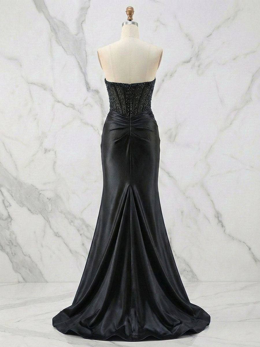 Vestido de fiesta glamoroso de satén con corsé sin tirantes y cuentas, con abertura