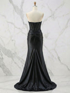Glamorous Champagne Strapless Crystal Corset Satin Prom Dress with High Slit