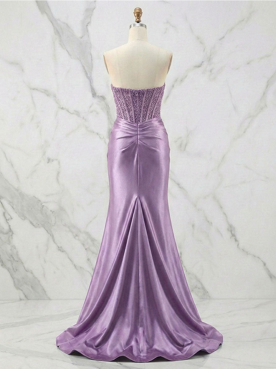 Vestido de fiesta glamoroso de satén con corsé sin tirantes y cuentas, con abertura