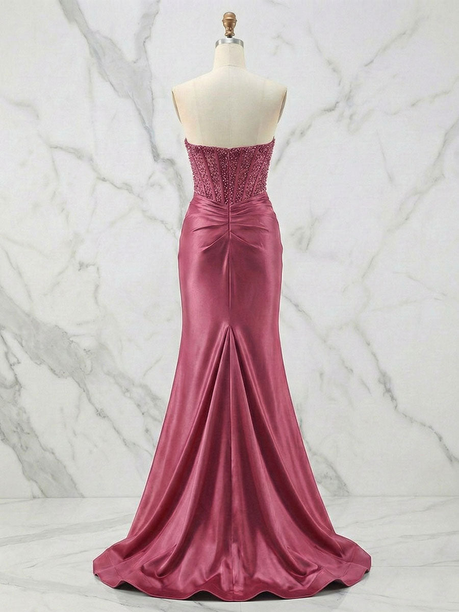 Glamorous Champagne Strapless Crystal Corset Satin Prom Dress with High Slit