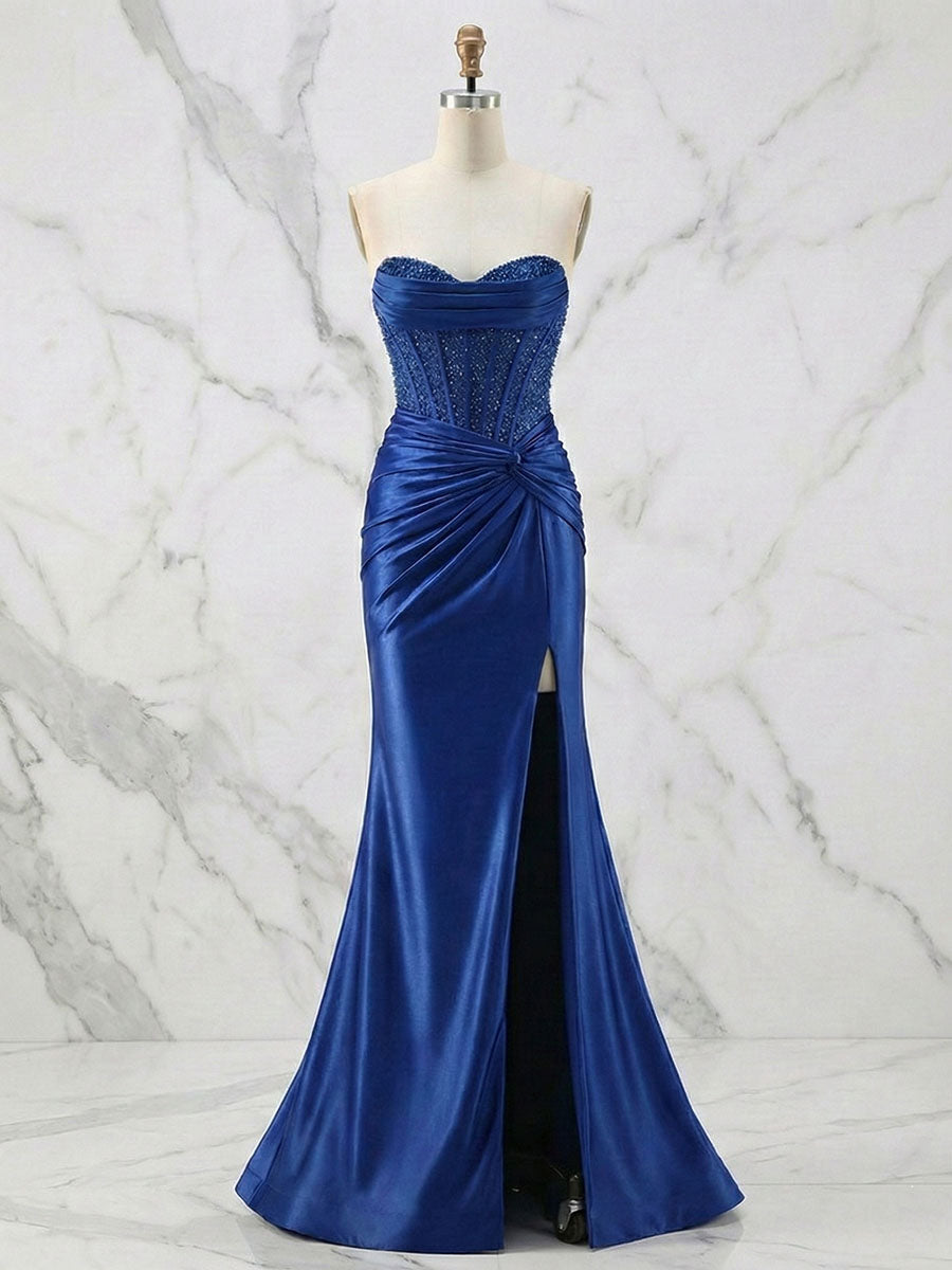 Vestido de fiesta glamoroso de satén con corsé sin tirantes y cuentas, con abertura