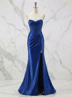 Glamorous Champagne Strapless Crystal Corset Satin Prom Dress with High Slit