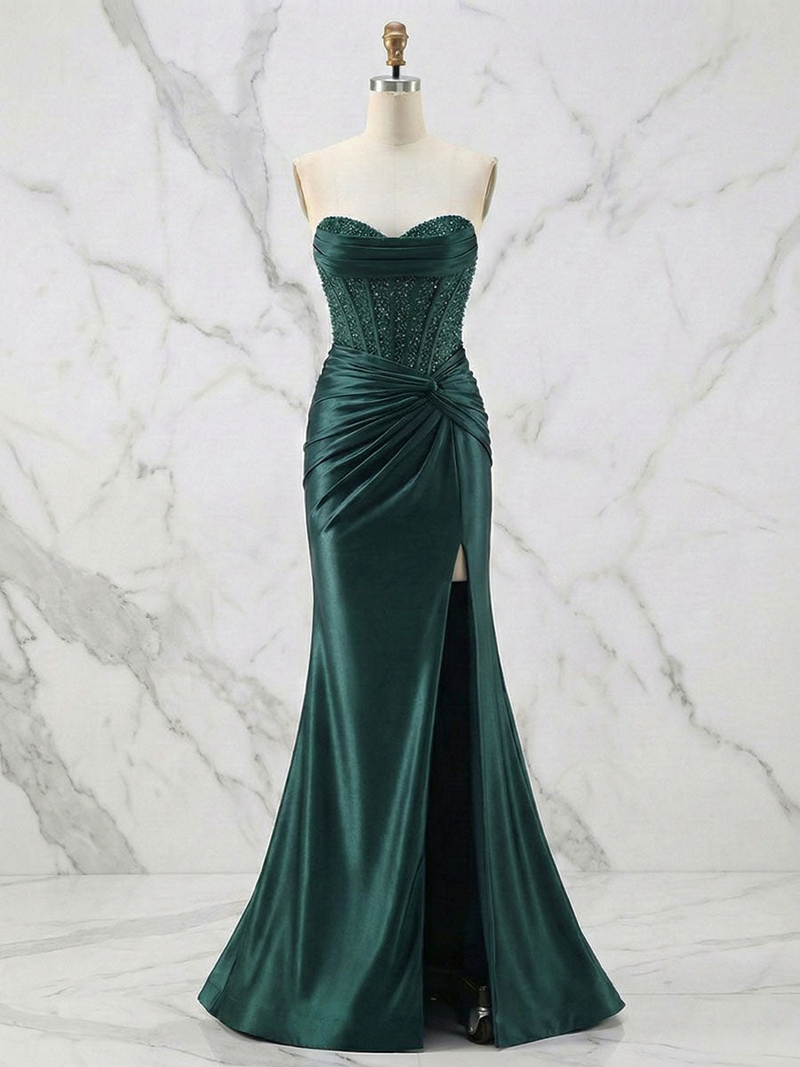 Glamorous Champagne Strapless Crystal Corset Satin Prom Dress with High Slit