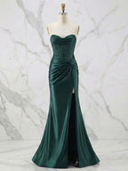 Glamorous Champagne Strapless Crystal Corset Satin Prom Dress with High Slit