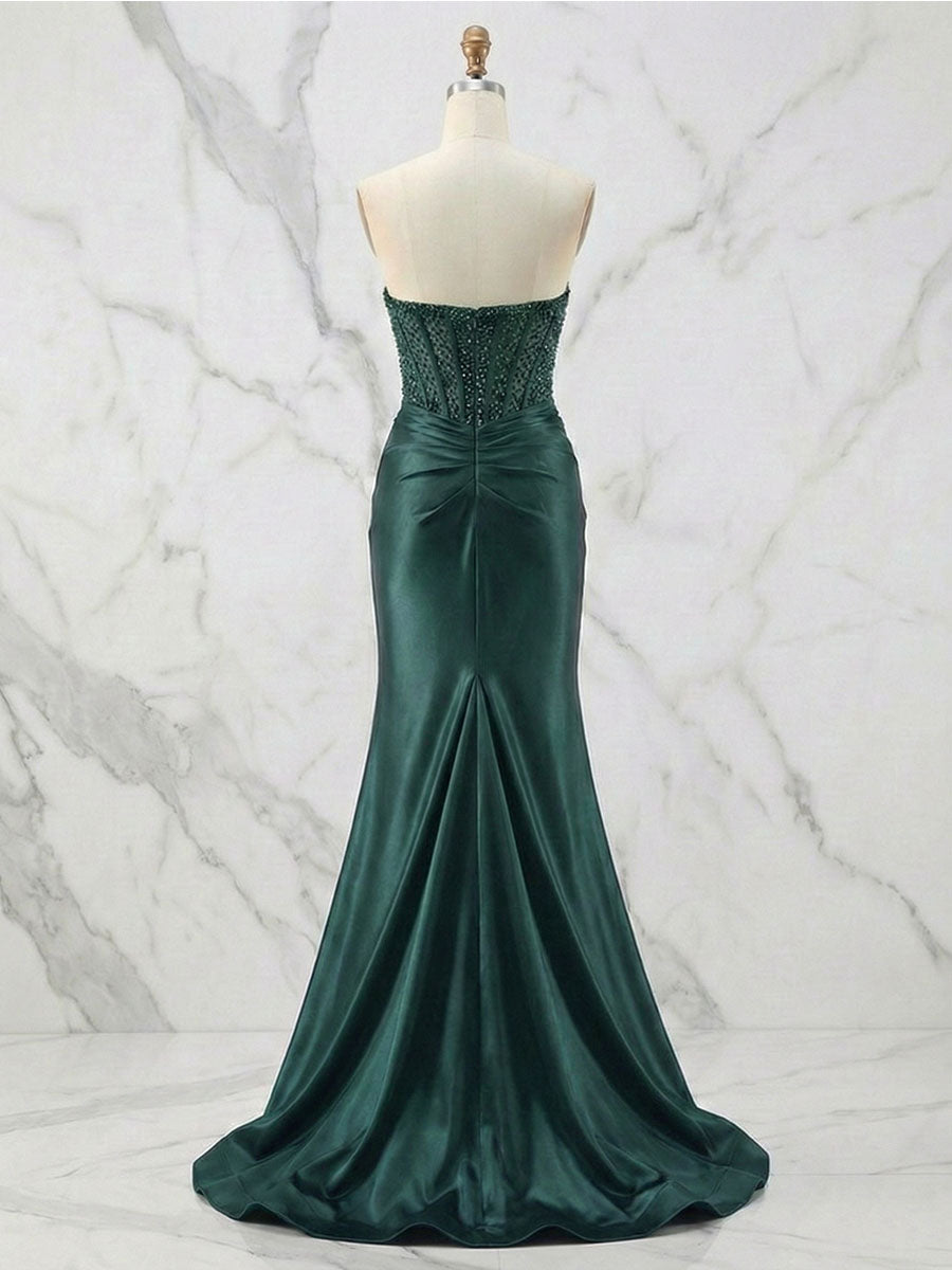 Glamorous Champagne Strapless Crystal Corset Satin Prom Dress with High Slit
