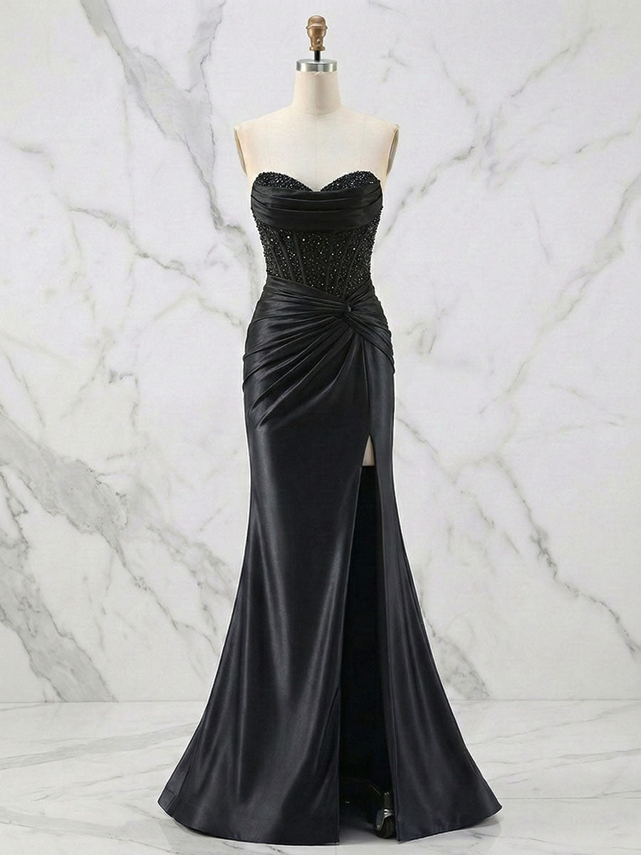 Vestido de fiesta glamoroso de satén con corsé sin tirantes y cuentas, con abertura