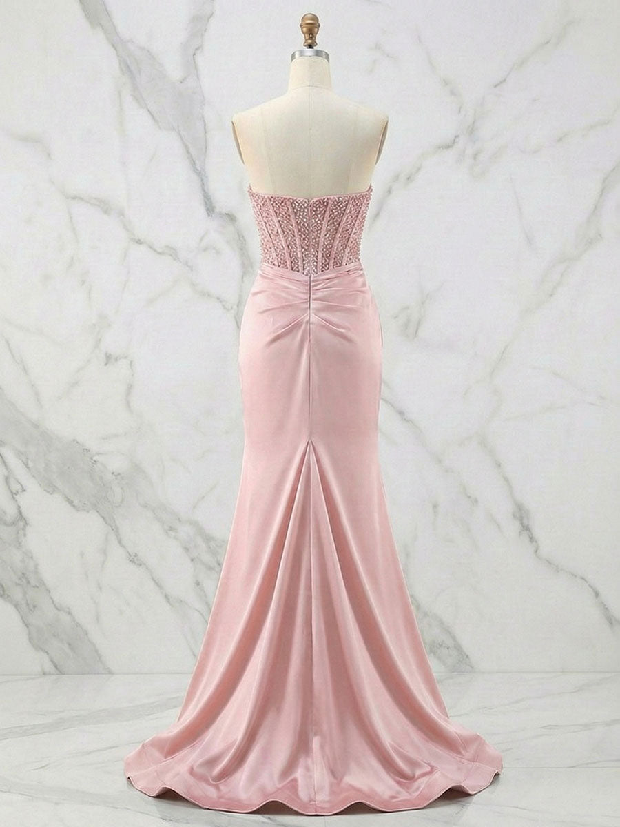 Vestido de fiesta glamoroso de satén con corsé sin tirantes y cuentas, con abertura