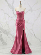 Glamorous Champagne Strapless Crystal Corset Satin Prom Dress with High Slit