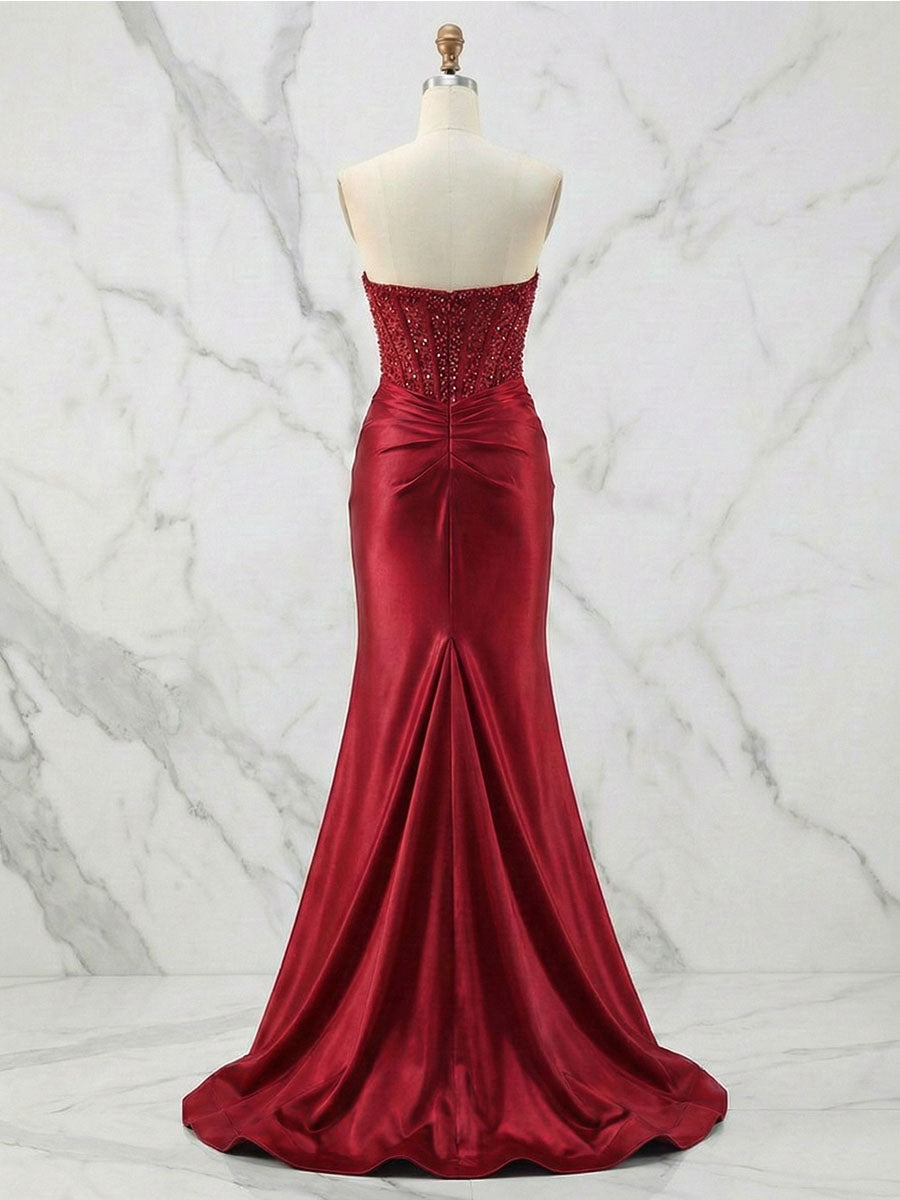 Vestido de fiesta glamoroso de satén con corsé sin tirantes y cuentas, con abertura