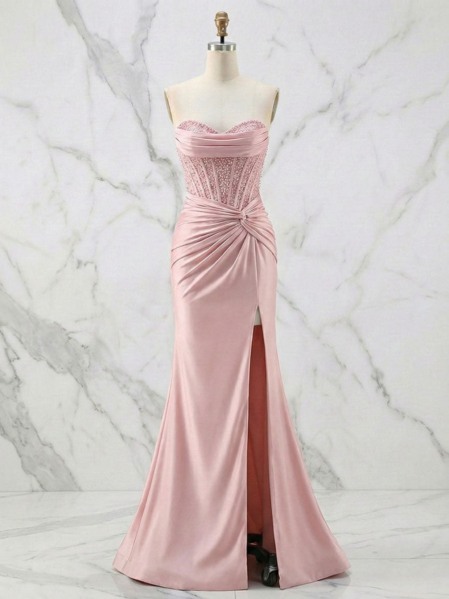 Vestido de fiesta glamoroso de satén con corsé sin tirantes y cuentas, con abertura