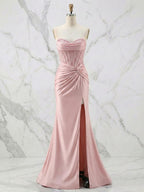 Glamorous Champagne Strapless Crystal Corset Satin Prom Dress with High Slit