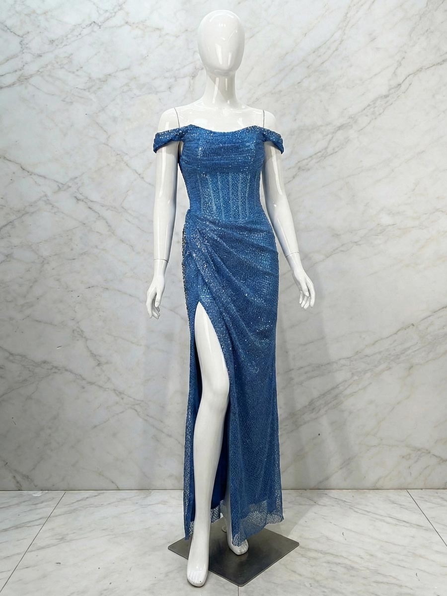 Glamorous Royal Blue Sequin Off-the-Shoulder Corset Prom Dress with Slit