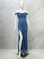 Glamorous Royal Blue Sequin Off-the-Shoulder Corset Prom Dress with Slit