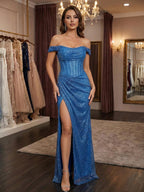 Glamorous Royal Blue Sequin Off-the-Shoulder Corset Prom Dress with Slit