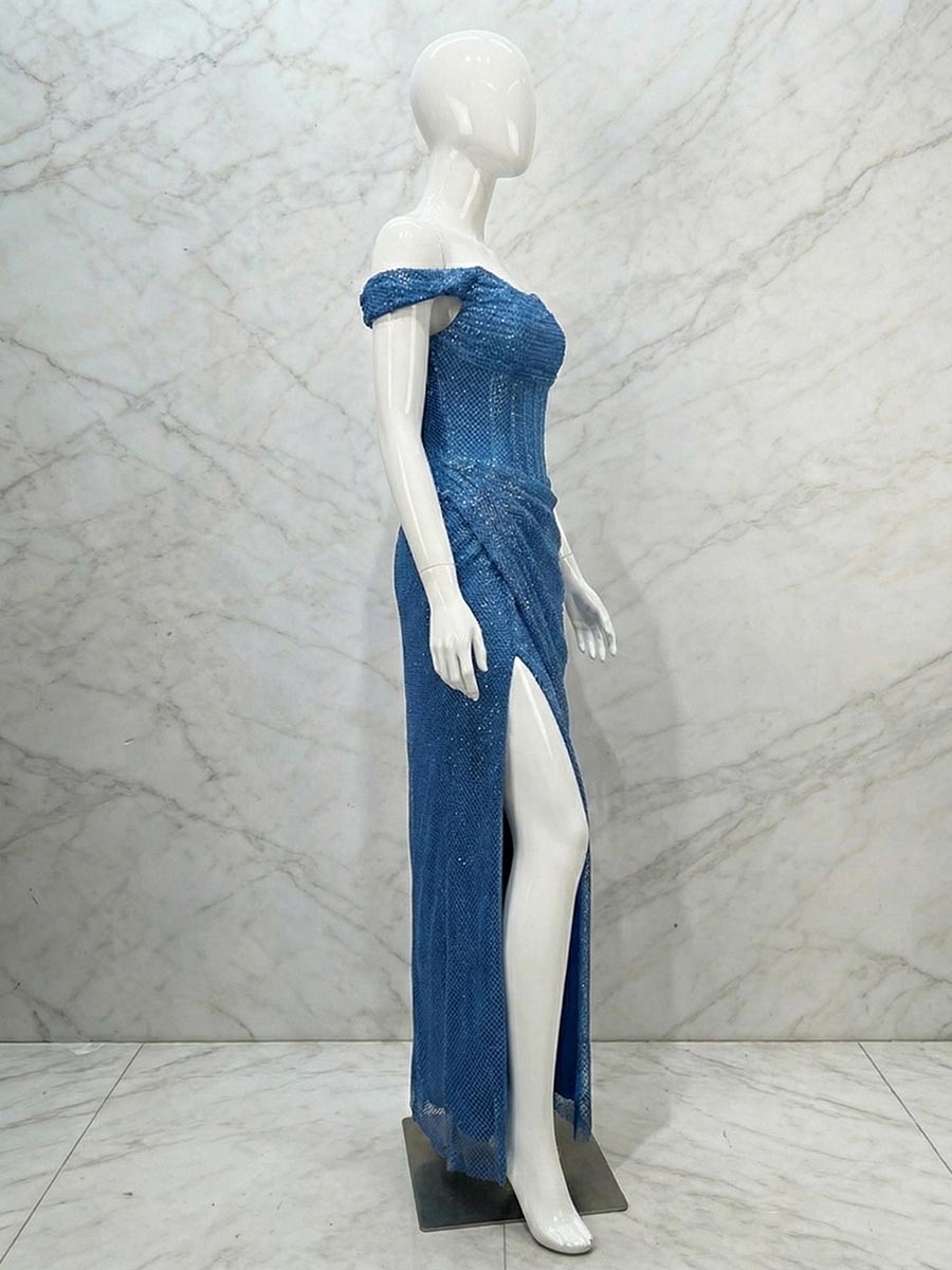 Glamorous Royal Blue Sequin Off-the-Shoulder Corset Prom Dress with Slit