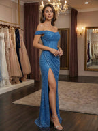 Glamorous Royal Blue Sequin Off-the-Shoulder Corset Prom Dress with Slit