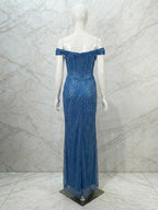 Glamorous Royal Blue Sequin Off-the-Shoulder Corset Prom Dress with Slit