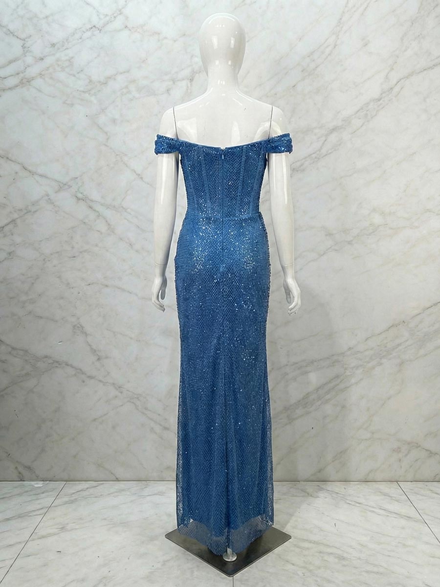 Glamorous Royal Blue Sequin Off-the-Shoulder Corset Prom Dress with Slit