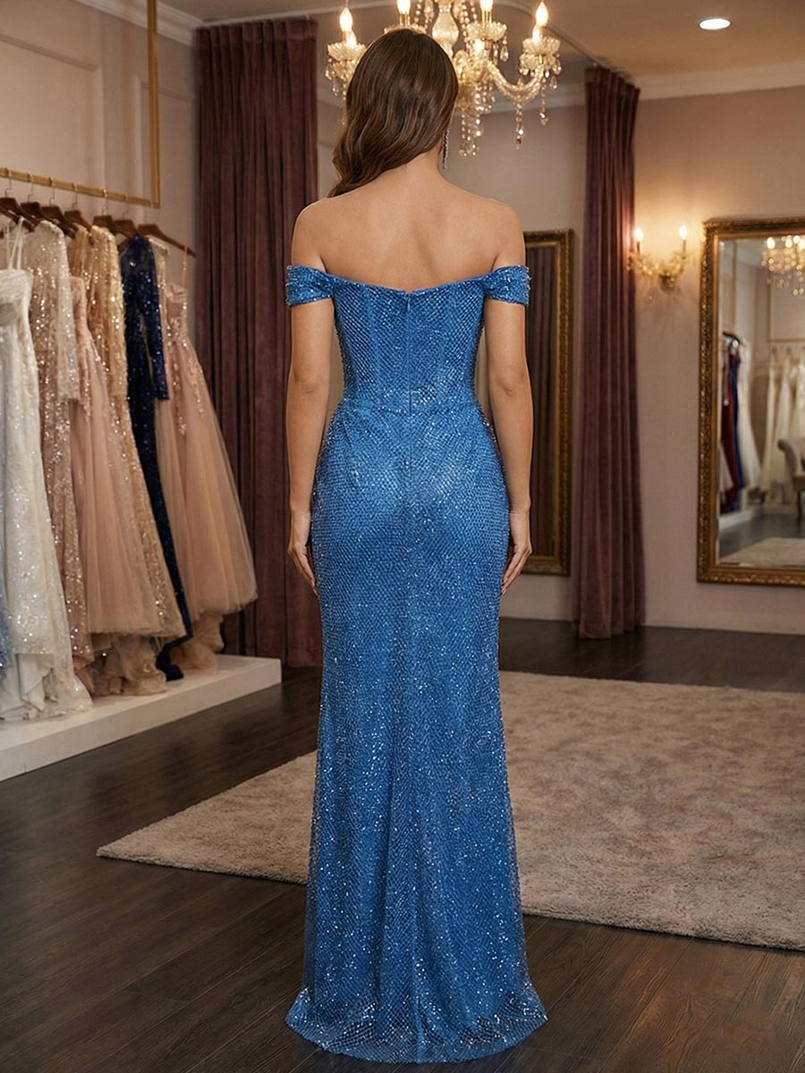 Glamorous Royal Blue Sequin Off-the-Shoulder Corset Prom Dress with Slit