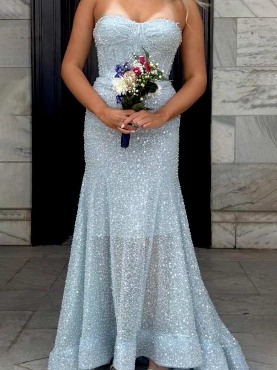 Glitter Blue Mermaid Strapless Sweetheart Long Prom Dress