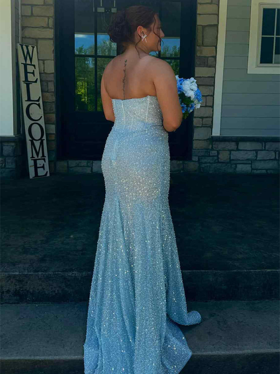 Glitter Blue Mermaid Strapless Sweetheart Long Prom Dress