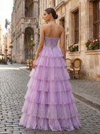 Glitzerndes Lavendel Trägerloses Perlenbesetztes Korsett Stufiges Abschlussballkleid