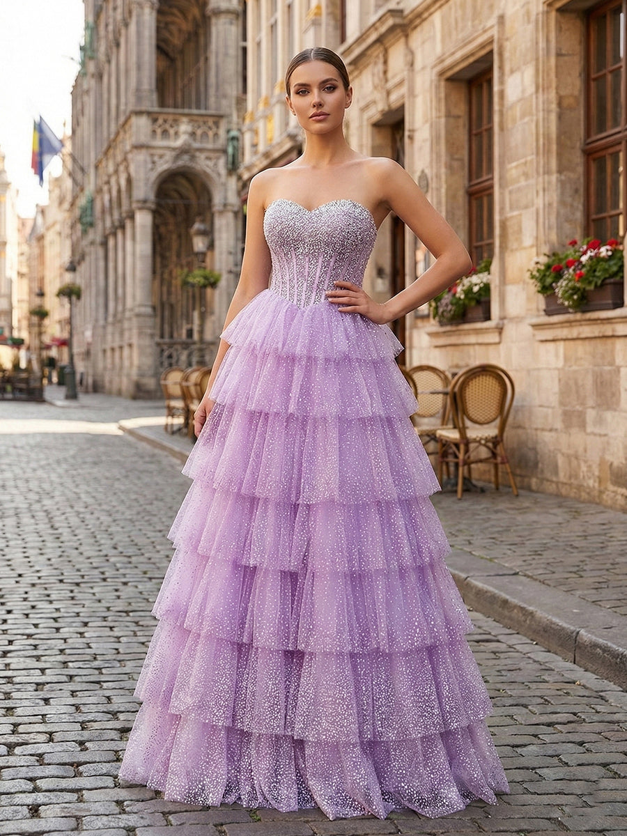 Glitzerndes Lavendel Trägerloses Perlenbesetztes Korsett Stufiges Abschlussballkleid