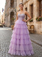 Glitzerndes Lavendel Trägerloses Perlenbesetztes Korsett Stufiges Abschlussballkleid