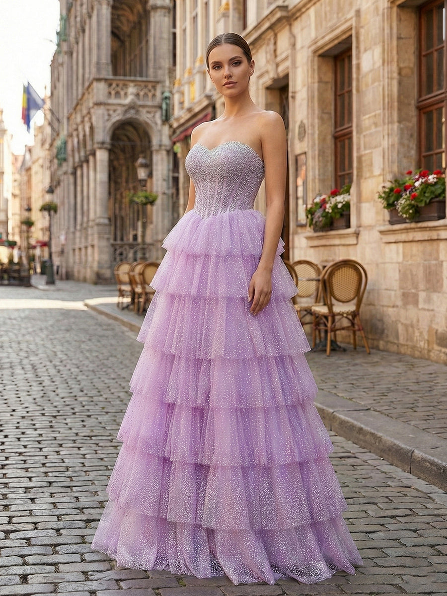Glitter Lavender Strapless Beaded Corset Tiered Prom Dress DUNALI Glitter Lavender Strapless Beaded Corset Tiered Prom Dress DUNALI
