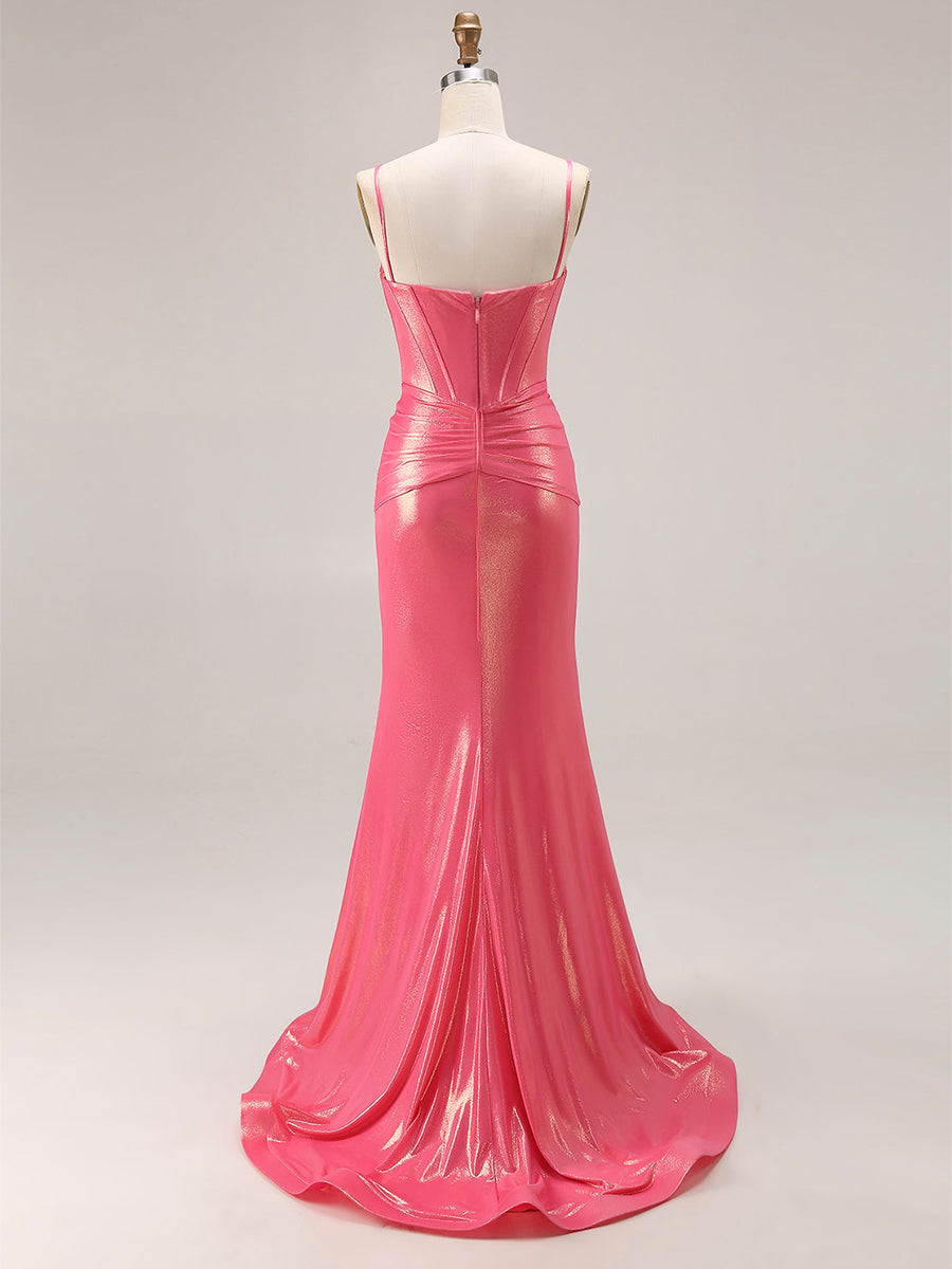 Abito da ballo lungo sirena plissettato con corsetto e spacco glitterato