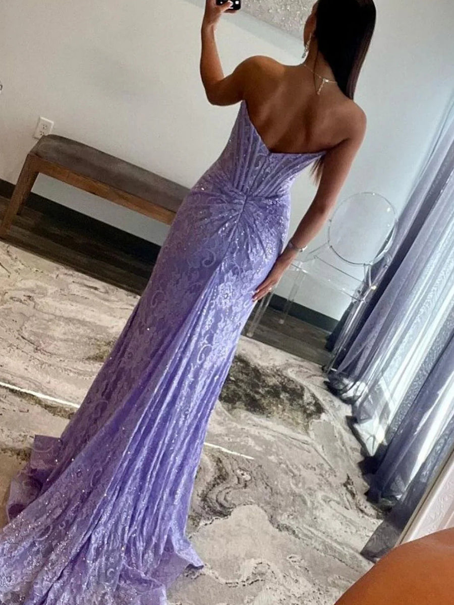 Glitter Mermaid Strapless Long Lace Prom Dress with Slit
