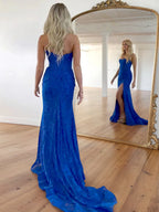 Glitter Mermaid Strapless Long Lace Prom Dress with Slit