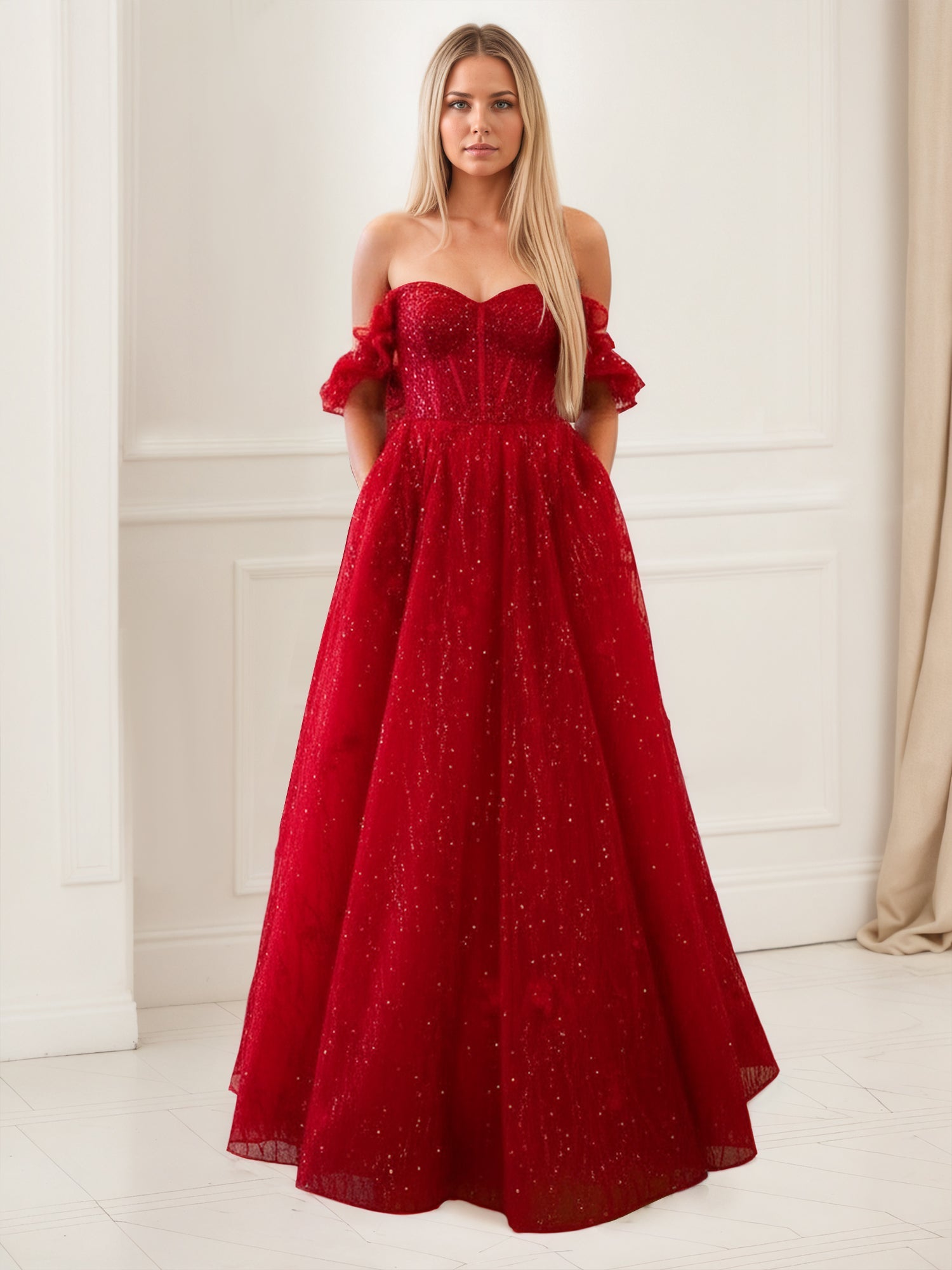 Vestido de formatura vermelho brilhante evasê, corpete tipo espartilho, tule com babados
