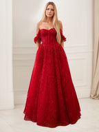 Vestido de formatura vermelho brilhante evasê, corpete tipo espartilho, tule com babados
