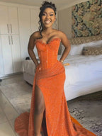 Glitter Strapless Mermaid Sequined Long Prom Dress with Slit
