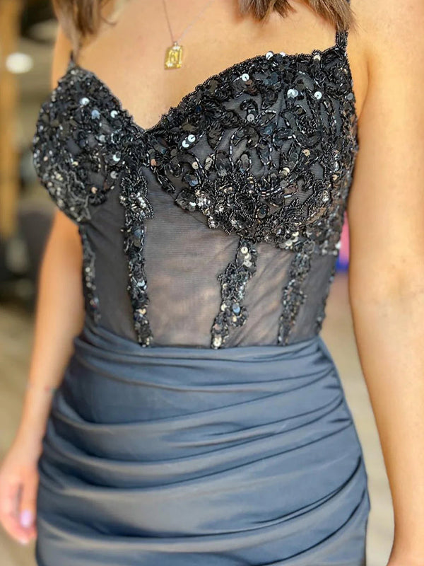 Glitter Black Corset Satin Asymmetrical Tight Short Homecoming Dress with Sequins