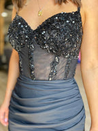 Glitter Black Corset Satin Asymmetrical Tight Short Homecoming Dress with Sequins